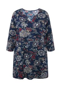 Blumenkleid in Marineblau mit roten und beigen Akzenten. Verfügt über einen runden Halsausschnitt und drei Viertelärmel aus leichtem Stoff.