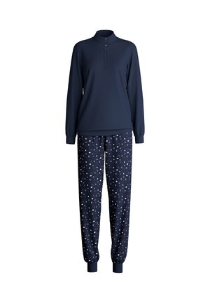Completo pigiama blu navy composto da una maglietta a maniche lunghe con colletto e cinque bottoni, abbinato a pantaloni con coulisse a fantasia.