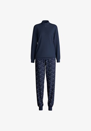 Marineblauw pyjama set bestaande uit een langemouwen top met een kraag en een knoopsluiting met vijf knopen, in combinatie met een patroon op de jogger met trekkoord.