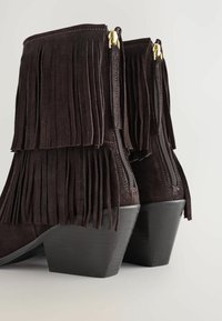 Botas de tobillo de ante marrón con flecos en capas, doble cremallera en los laterales y gruesos tacones de madera negra.