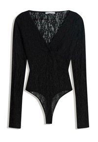 Čierne čipkované body s dlhými rukávmi, výstrihom do V a priliehavým strihom. Obsahuje zložité kvetinové vzory a dno v štýle tanga.