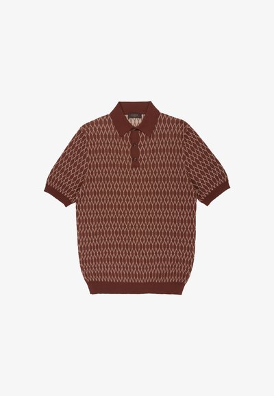 Kurzärmeliges Poloshirt in Rostfarbe mit einem Rautenmuster in Beige. Verfügt über einen Kragen und drei Knöpfe. Gestrickte Textur und lässige Passform.