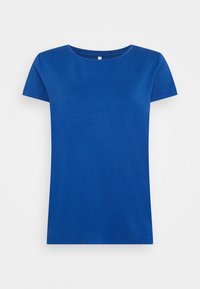 Krátký rukáv, tričko s kulatým výstřihem v jednobarevné modré bavlněné tkanině s hladkou texturou a běžným střihem, s rovnými lemy.