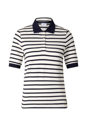 Short-sleeve polo shirt with horizontal navy blue and white stripes, navy collar, and three white buttons at the front.