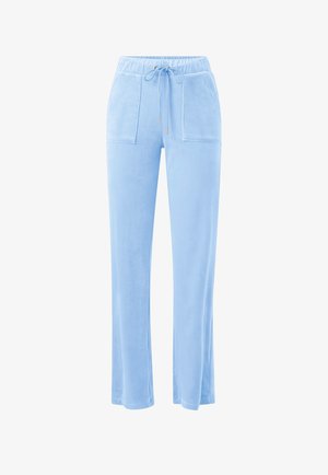 Jasnoniebieskie spodnie dresowe z polaru z elastycznym pasem, regulowanym sznurkiem i dwoma dużymi przednimi kieszeniami.