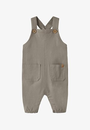 Szare ogrodniczki dla malucha z regulowanymi, krzyżującymi się szelkami, dwoma frontowymi kieszeniami, drewnianymi guzikami i elastycznymi nogawkami.