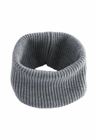 Écharpe en tricot gris, texture côtelée, tissu doux, forme cylindrique haute, centre ouvert, conçue pour la chaleur et le confort.