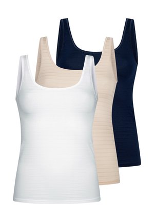Three sleeveless tank tops in white, beige, and navy blue are stacked, with the white top in front, beige in the middle, and navy in back.