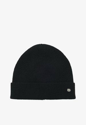 Mustasukkaat neulotut pipot, joissa on ribbateksti, käännetty reunus ja pieni hopeinen logotarra sivulla, suunniteltu lämpöä ja istuvuutta varten.