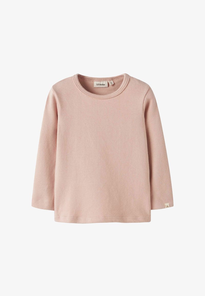 Šviesiai rožinė ilgos rankovės marškiniai, pagaminti iš minkštos medžiagos, su apvaliu iškirpimu ir maža prekės ženklo etiketė ant siūlų. Paprastas ir klasikinis dizainas.