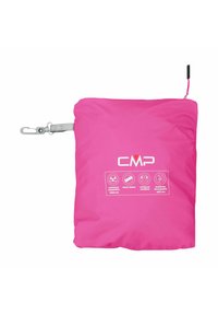 Borsa di stoccaggio waterproof rosa con una texture liscia, dotata di una clip laterale e icone stampate che dettagliamo le proprietà impermeabili e traspiranti.