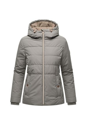 Grå polstret jakke med hette, med glidelås foran, sidelommer og brune detaljer. Glatt yttermateriale med myk foring.