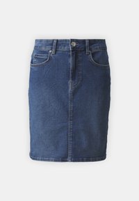 Jeansrock in Dunkelblau mit klassischem Fünf-Taschen-Design, Vorderknopfverschluss und figurbetonter Silhouette; verfügt über dezente Textur und Nähte.