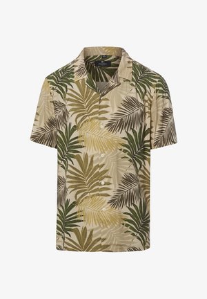Camicia beige a maniche corte con bottoni, motivo tropicale di foglie di palma verdi e marroni, colletto aperto e vestibilità casual.