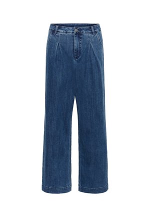 Džínsy s širokými nohavicami v tmavomodrej farbe, s vysokým pásom a skladaným predným dizajnom. Vyrobené zo stredne ťažkej denimovej látky.
