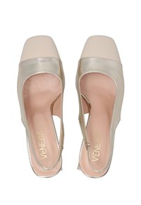 Gold metallic slingback heels with a square toe, nude accents, and a smooth texture. Brand name "Venezia" visible on the insole.