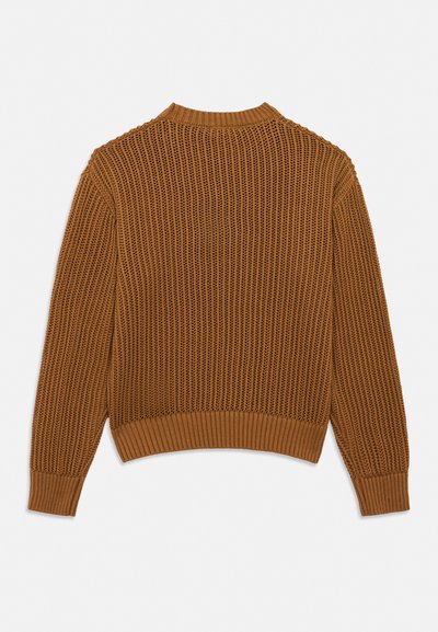 Pull marron en maille à manches longues avec poignets, ourlet et col côtelés, vu de dos sur fond blanc uni.