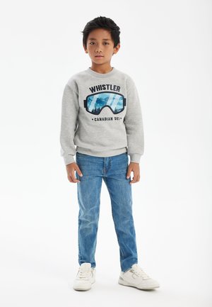 Felpa grigia con grafica "WHISTLER CANADIAN SKI" e design di occhiali da sci blu a specchio. Abbinata a jeans blu e sneakers bianche.