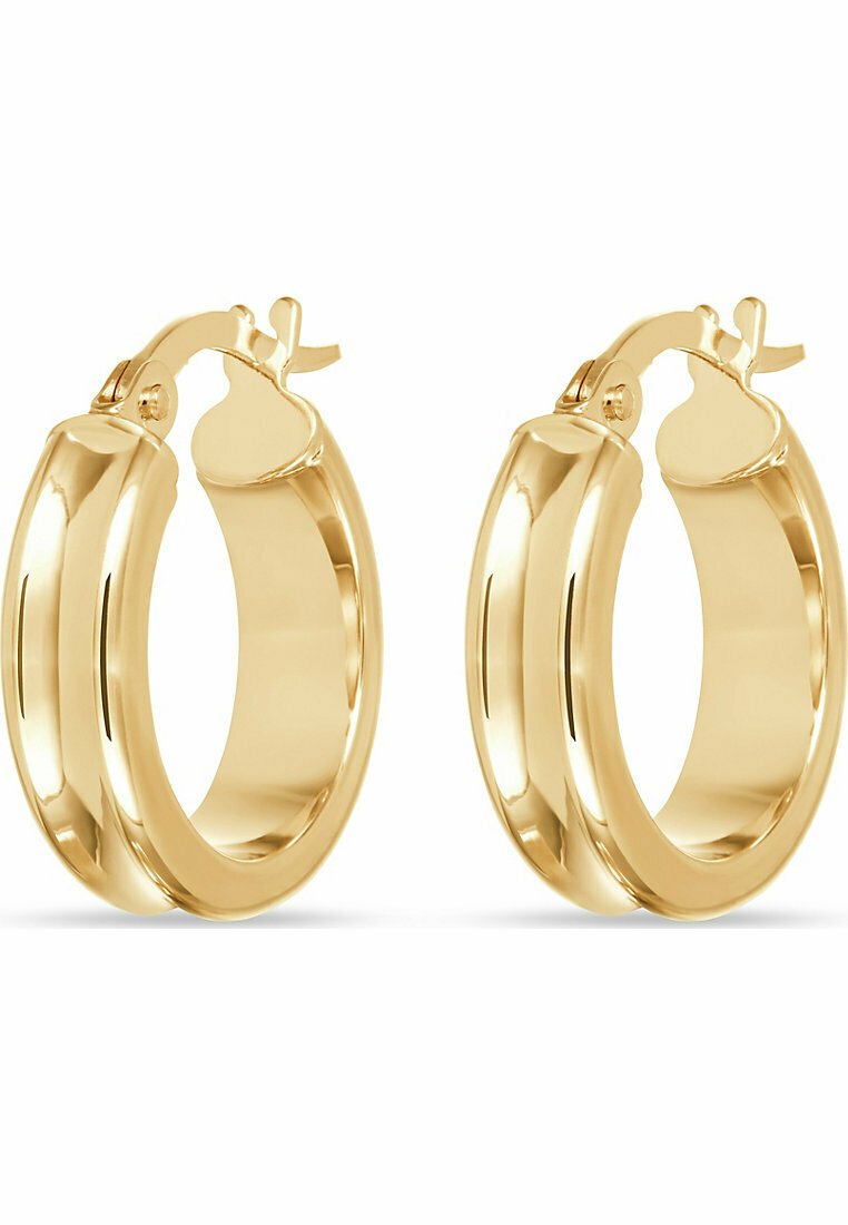 Orecchini a cerchio in metallo tono oro con una superficie liscia e lucida, dotati di una chiusura a cerniera e di una forma complessivamente circolare.