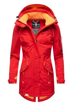 Red waterproof jacket with an orange fleece lining, zippered pockets, and button closures. Features a hood and insulated design for warmth.