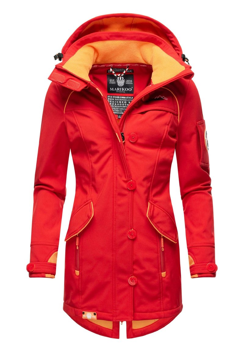 Red waterproof jacket with an orange fleece lining, zippered pockets, and button closures. Features a hood and insulated design for warmth.