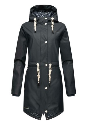Waterproof black raincoat with a drawstring hood, white toggles, front snap buttons, and a floral-lined interior. Features a cinched waist.