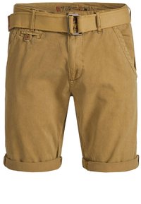 Krótkie spodenki khaki wykonane z mieszanki bawełny, z wywiniętym obszyciem, szlufkami na pasek, przednimi kieszeniami oraz teksturowanym wykończeniem tkaniny.