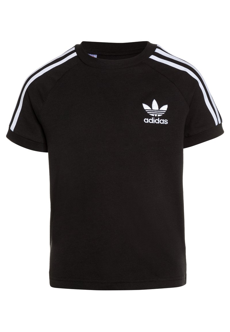 T-shirt in cotone nero con maniche corte, scollatura rotonda e tre strisce bianche sulle spalle. Piccolo logo adidas bianco sul petto.