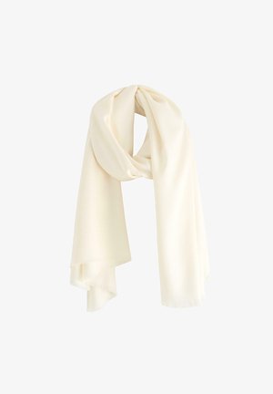 Lyscremet tørklæde lavet af blødt stof, med en glat tekstur og frynset kant, draperet i en snoet arrangement.