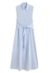 Varrukateta helesinine midi pikkusega kleit krae, nööbitava eesosa ja vöökohalt seotud vööndiga.