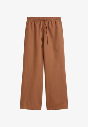 Bruine, lichtgewicht, wijde broek gemaakt van zachte stof. Heeft een elastische tailleband met een trekkoord voor een verstelbare pasvorm.