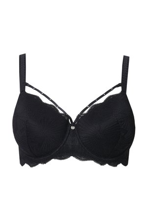 Schwarzer Spitzen-BH mit Bügeln, gepolsterten Cups, dekorativen wellenförmigen Kanten, verstellbaren Trägern und kleinem Charm-Detail vorne in der Mitte.