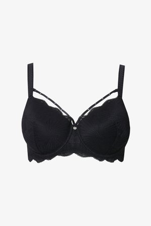 Czarny koronkowy biustonosz z fiszbinami, wyściełanymi miseczkami, dekoracyjnymi falistymi brzegami, regulowanymi ramiączkami i małą ozdobą z przodu na środku.