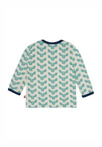 Camicia a maniche lunghe realizzata in tessuto leggero, caratterizzata da un motivo ripetitivo di pipistrelli e gufi color teal su un fondo crema. Collo e polsini in navy.