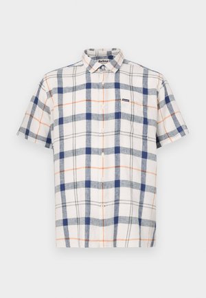 Camisa de manga curta em xadrez com cores azul, branca e laranja. Feita de um tecido leve, com colarinho abotoado e bolso no peito.