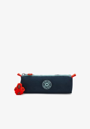 Navy rectangular pencil case with light blue zipper, red pull tabs, Kipling logo, and attached small red plush monkey keychain.