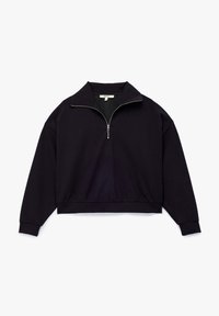 Felpa nera corta con colletto alto e zip sul davanti a metà, caratterizzata da polsini e orlo a coste, realizzata in tessuto morbido.