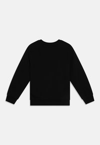 Black sweatshirt featuring a crew neckline, long sleeves, and ribbed cuffs. The back is plain with a soft, textured fabric.