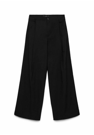 Pantalon noir à jambes larges avec des plis, une fermeture à boutons sur le devant et une texture de tissu lisse. Aucun poche visible dans le design.