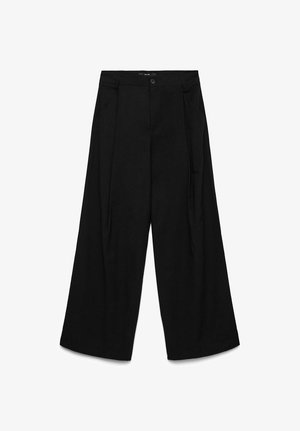 Pantalon noir à jambes larges avec des plis, une fermeture à boutons sur le devant et une texture de tissu lisse. Aucun poche visible dans le design.
