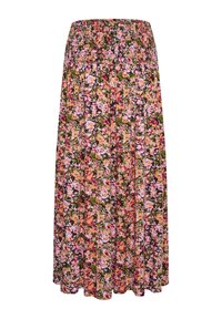 Jupe maxi fleurie avec une taille smockée. Présente un motif multicolore de fleurs roses, orange et vertes sur un fond noir.