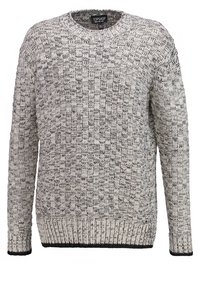 Stickad tröja i grått och vitt med ett texturerat rutig mönster. Rund hals, långa ärmar och ribbad nederkant och ärmslut.