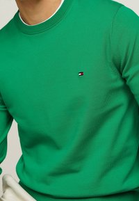 Pull vert en maille avec col rond, manches longues et petit logo en rouge, blanc et noir sur la poitrine. Texture lisse.