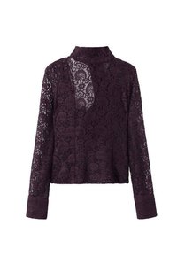 Blusa de encaje en púrpura oscuro con mangas largas y un cuello alto. Presenta intrincados patrones de paisley y un dobladillo ligeramente cropped.