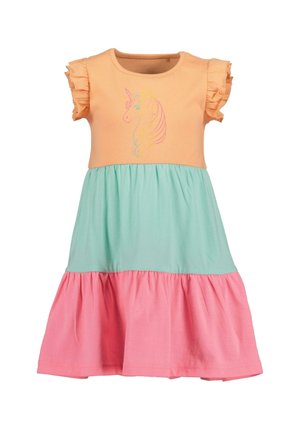 Robe pour enfant avec un corsage orange, des manches à volants, un imprimé licorne et une jupe colorée en vert menthe et rose. Matériau en coton.