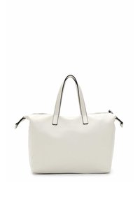 Sac à main en cuir blanc texturé avec deux poignées courtes. Il présente une fermeture zippée supérieure et un contour noir pour le contraste. Forme rectangulaire.