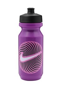 Borraccia d'acqua in plastica viola con un tappo a vite nero, caratterizzata da un motivo a spirale rosa e un logo Nike bianco sul lato.