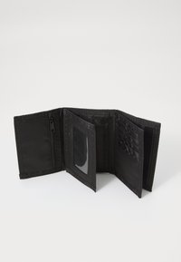 Black fabric wallet with multiple compartments, a zippered pocket, and a clear ID sleeve. Features smooth texture and reinforced seams.