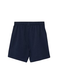 Shorts en tissu texturé bleu marine avec taille élastique, longueur genou et ourlet droit, présentés sur fond blanc.