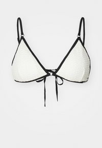 Driangel bikini top in gestructureerde witte stof met zwarte biezen. Voorzien van verstelbare bandjes en een sluiting met een strik aan de voorkant voor een veilige pasvorm.
